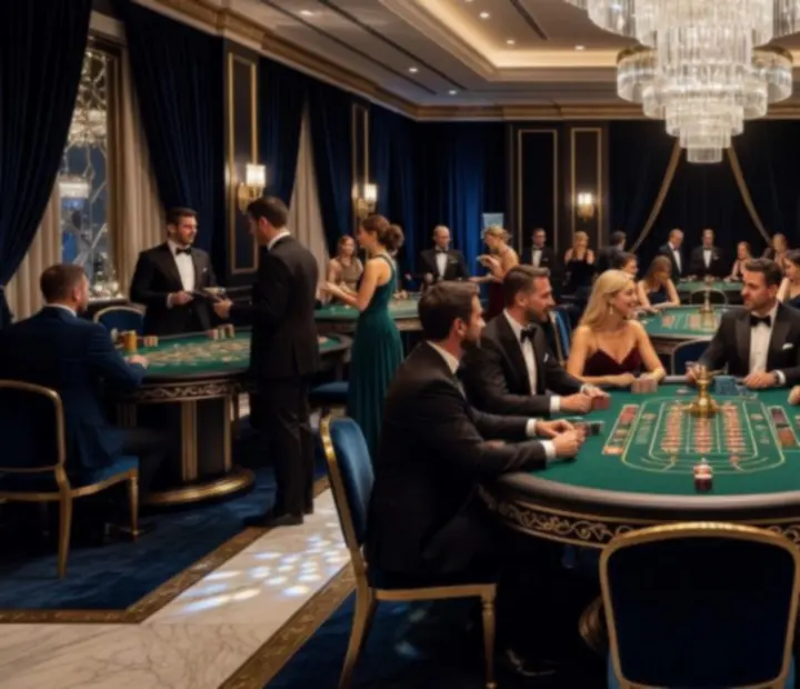 Luksusowy event z mobilnym kasynem – elegancki stół pokerowy, nastrojowe światło i bawiący się goście